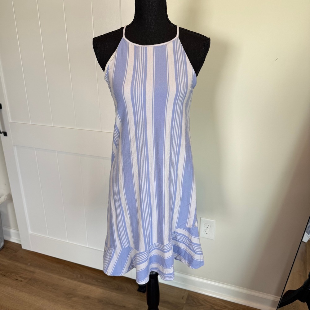Patagonia Alpine Valley Dress Blue White Stripe Halter Ruffle Hem Small